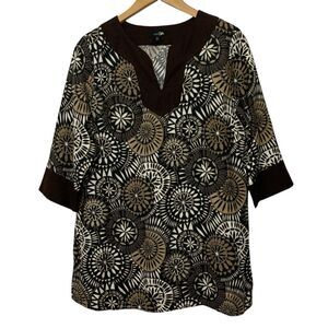 East 5th Women’s M Tunic Top Brown Tan Linen Blend Printed Side Zip 3/4 Sleeve